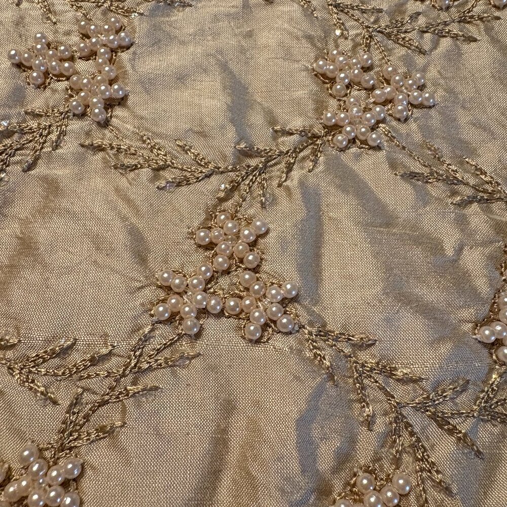 Bespoke Epidemy of Luxury Gold Silk, Pearl Beading King Bedspread Silk Lining